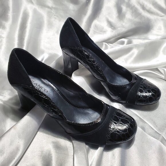 FRANCO SARTO black suede patent croc thick high heel classy pumps SZ 8 - Picture 1 of 5